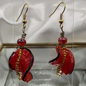 Elegant Red and Gold Artisan Glass Earrings Dangle Earrings